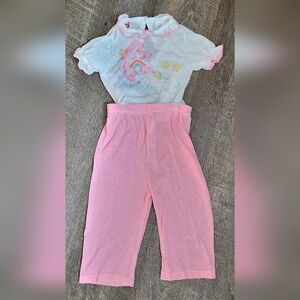80's Vintg Care Bear Cheer Bear Pajama Set Kids 2T Baby Pink & White Waffle Knit